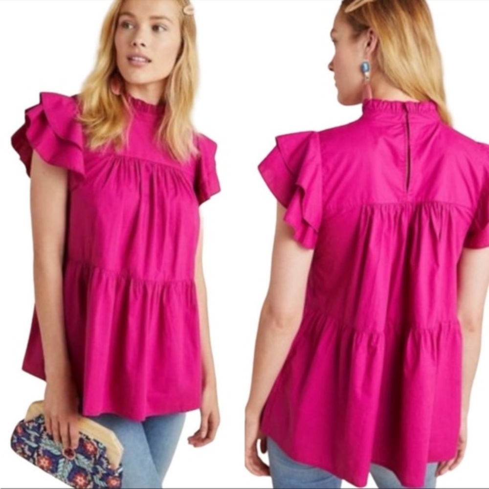 Anthropologie X Maeve Ophelia Ruffle Sleeve Long High Neck Blouse. Size S - Picture 1 of 13